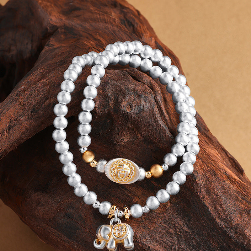 999 Fine Silver Elephant Charm Double-Wrap Bracelet-Graceful Abundance
