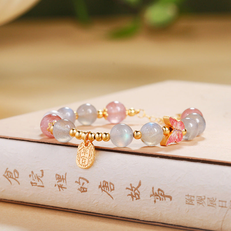 Gray Moonstone Butterfly Strawberry Quartz Bracelet-Gentle Transformation