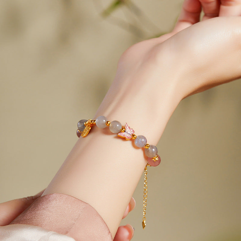 Gray Moonstone Butterfly Strawberry Quartz Bracelet-Gentle Transformation