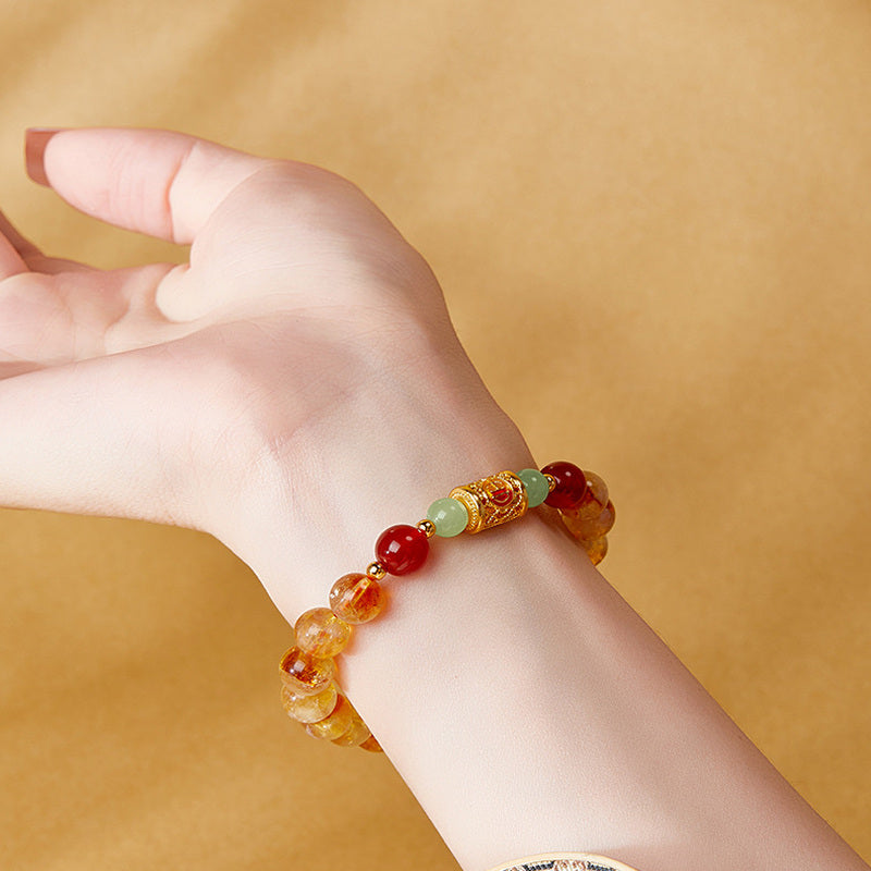 999 Fine Silver Auspicious Motif Yellow Tower Crystal Bracelet-Peaceful Joy