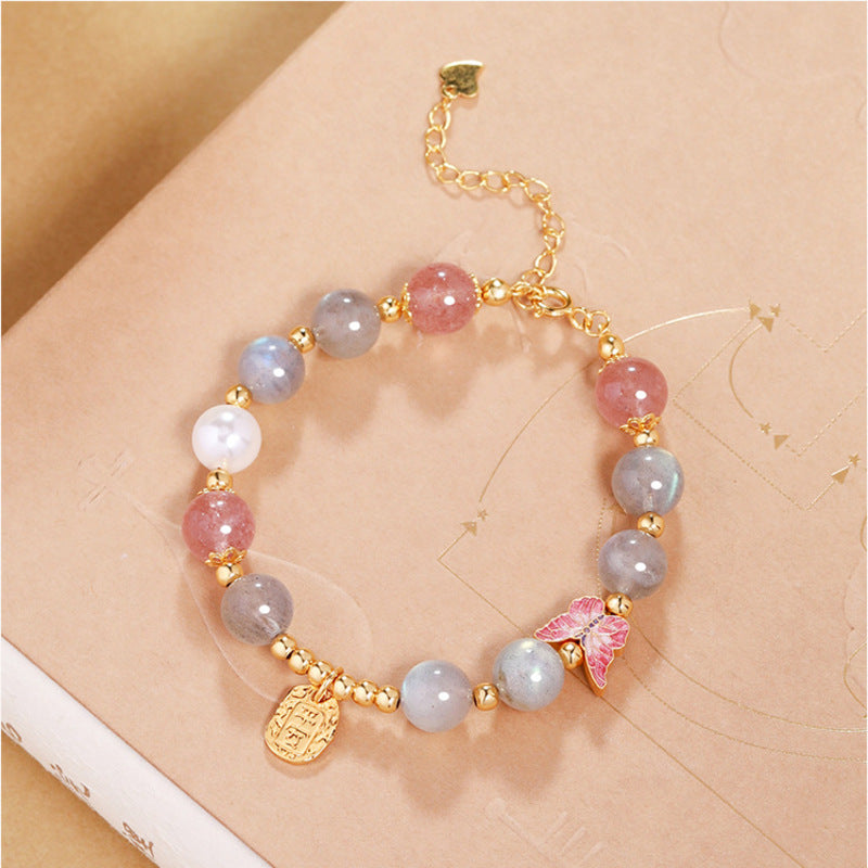 Gray Moonstone Butterfly Strawberry Quartz Bracelet-Gentle Transformation