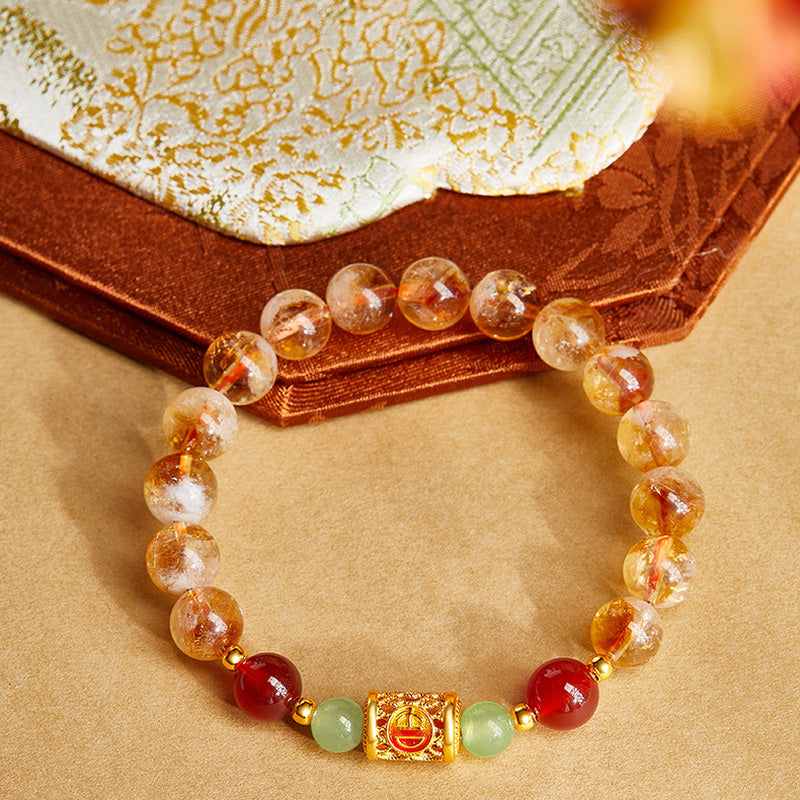 999 Fine Silver Auspicious Motif Yellow Tower Crystal Bracelet-Peaceful Joy