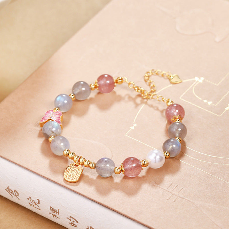 Gray Moonstone Butterfly Strawberry Quartz Bracelet-Gentle Transformation
