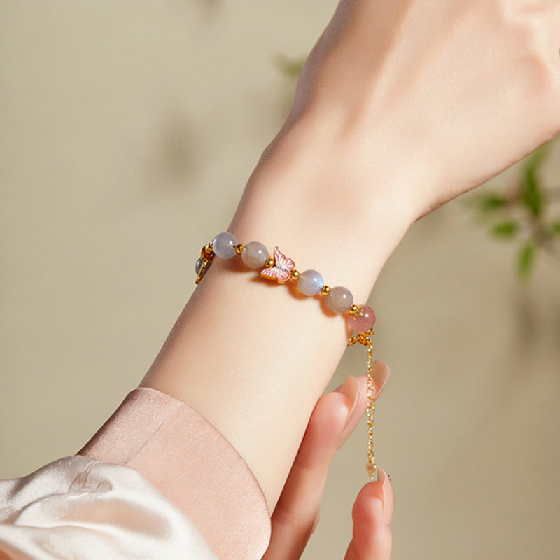 Gray Moonstone Butterfly Strawberry Quartz Bracelet-Gentle Transformation