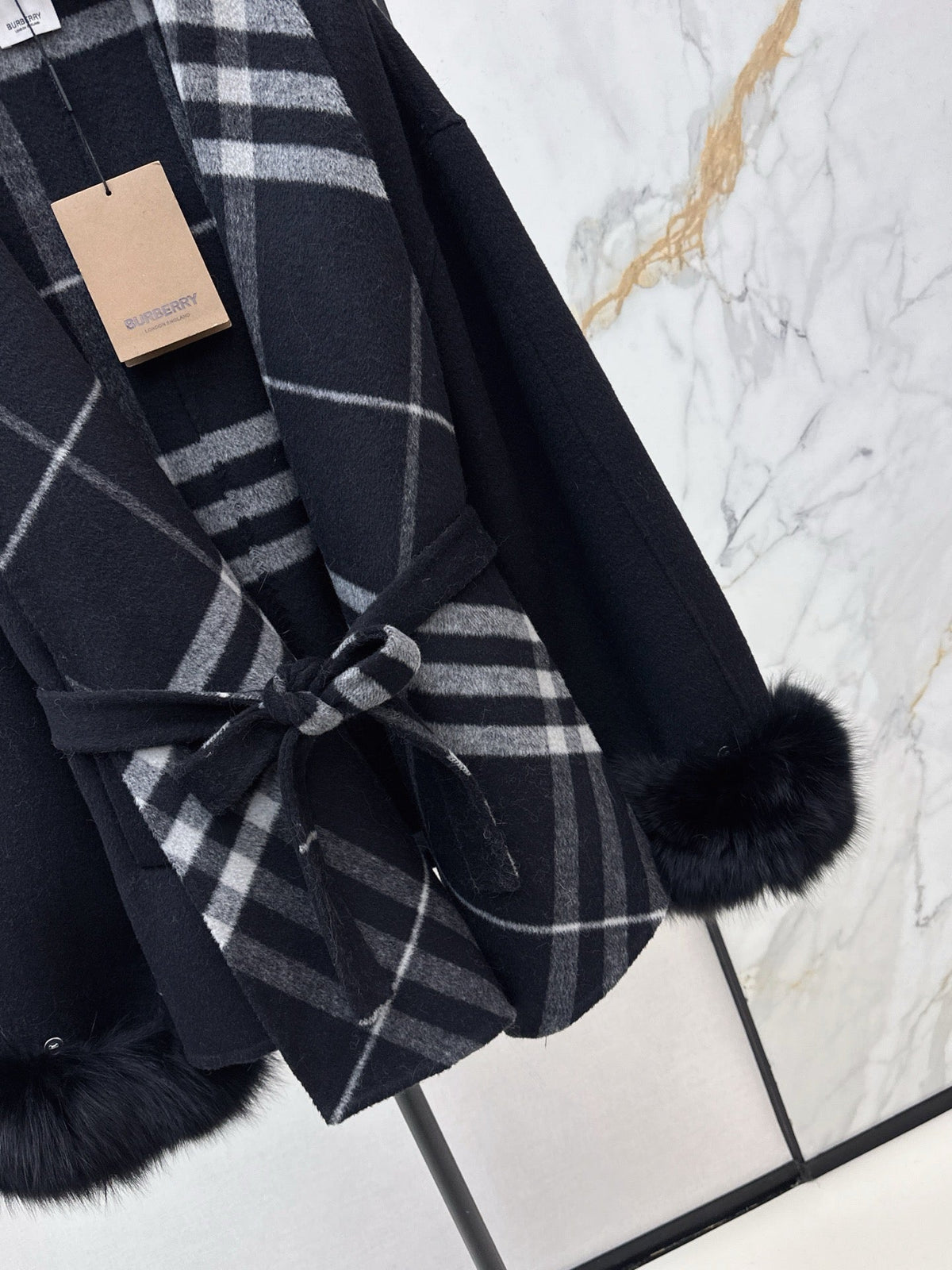 Check Panel Belted Wool Cardigan Coat