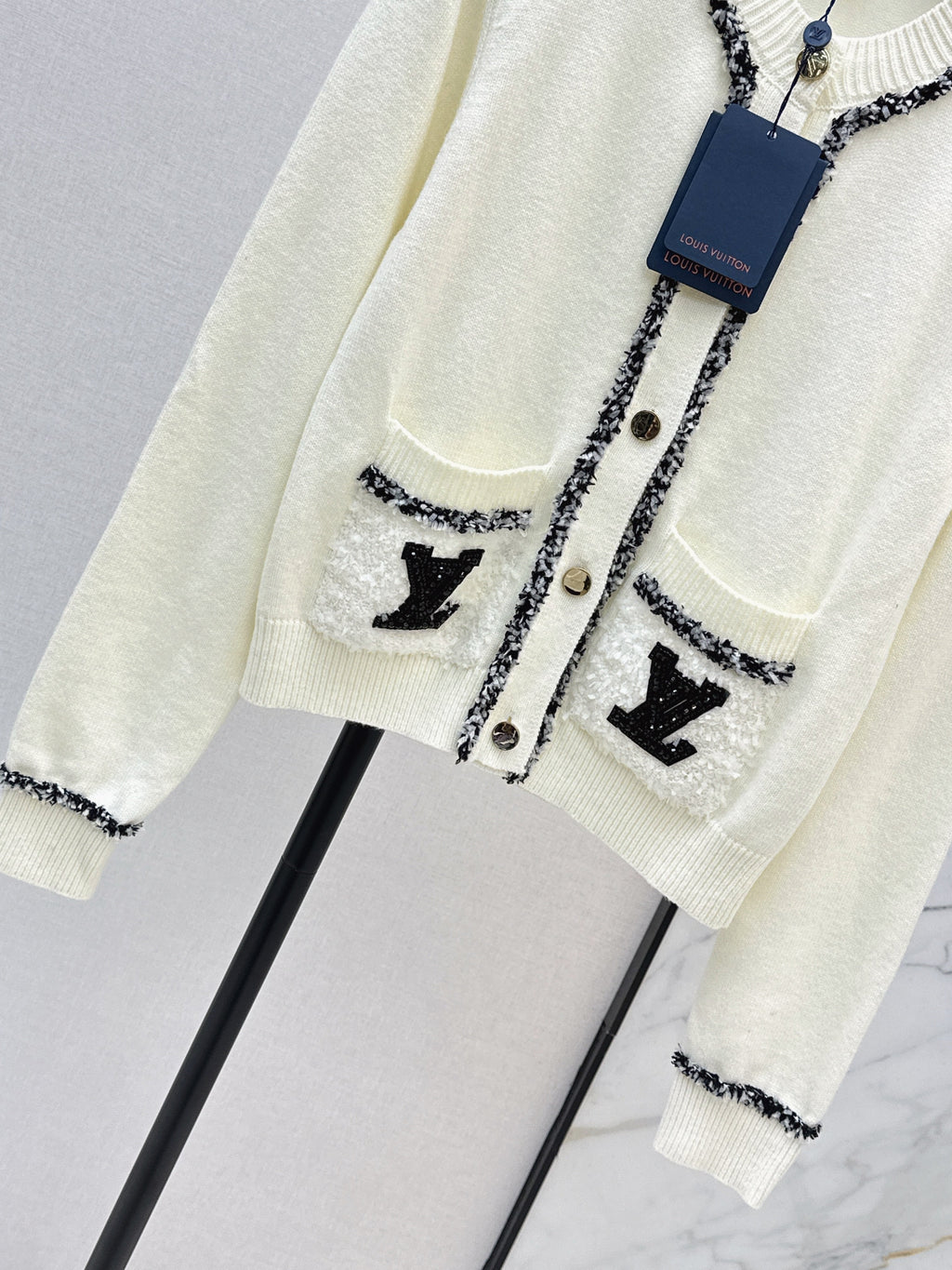 Monogram Pocket Tweed-Trim Cardigan