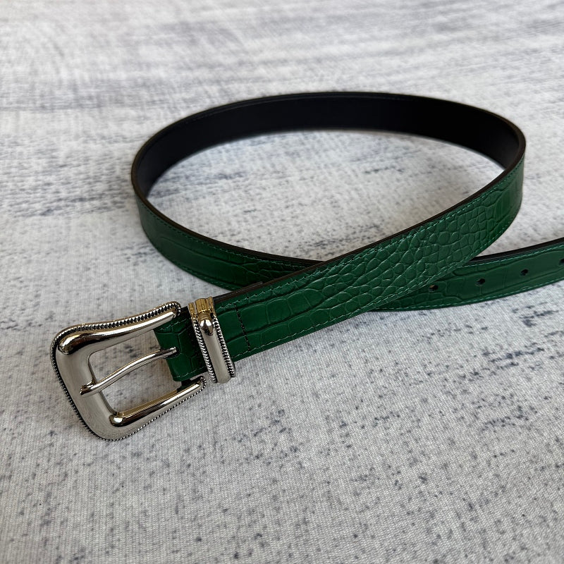 Crocodile-Embossed Belt - Green