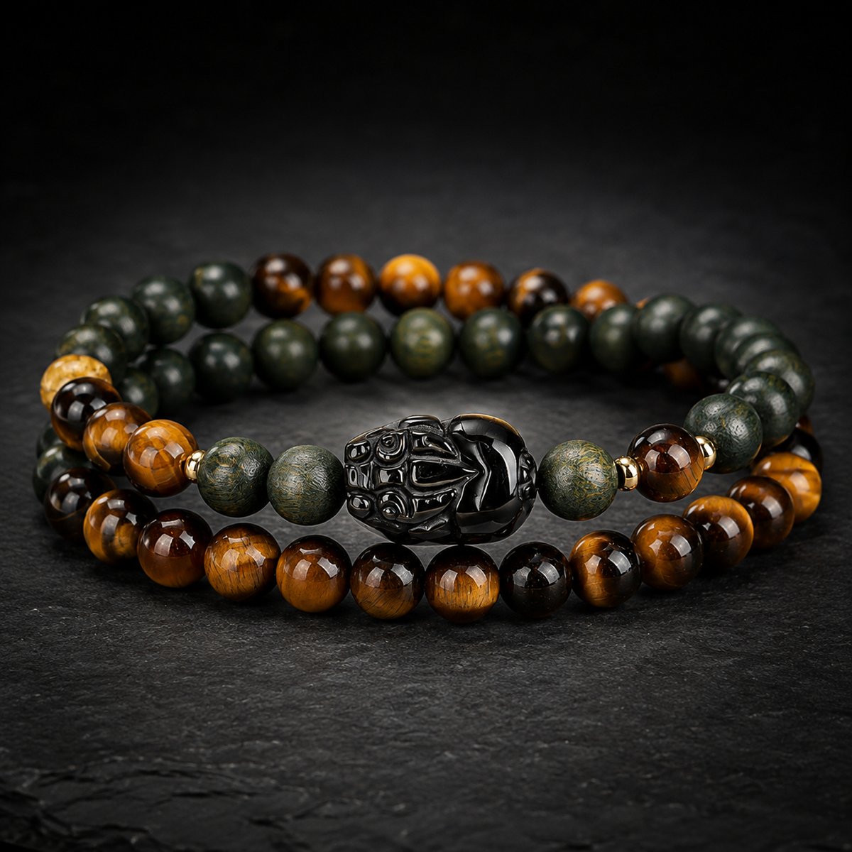 Tiger's Eye Pixiu Double-Wrap Bracelet with Green Sandalwood
