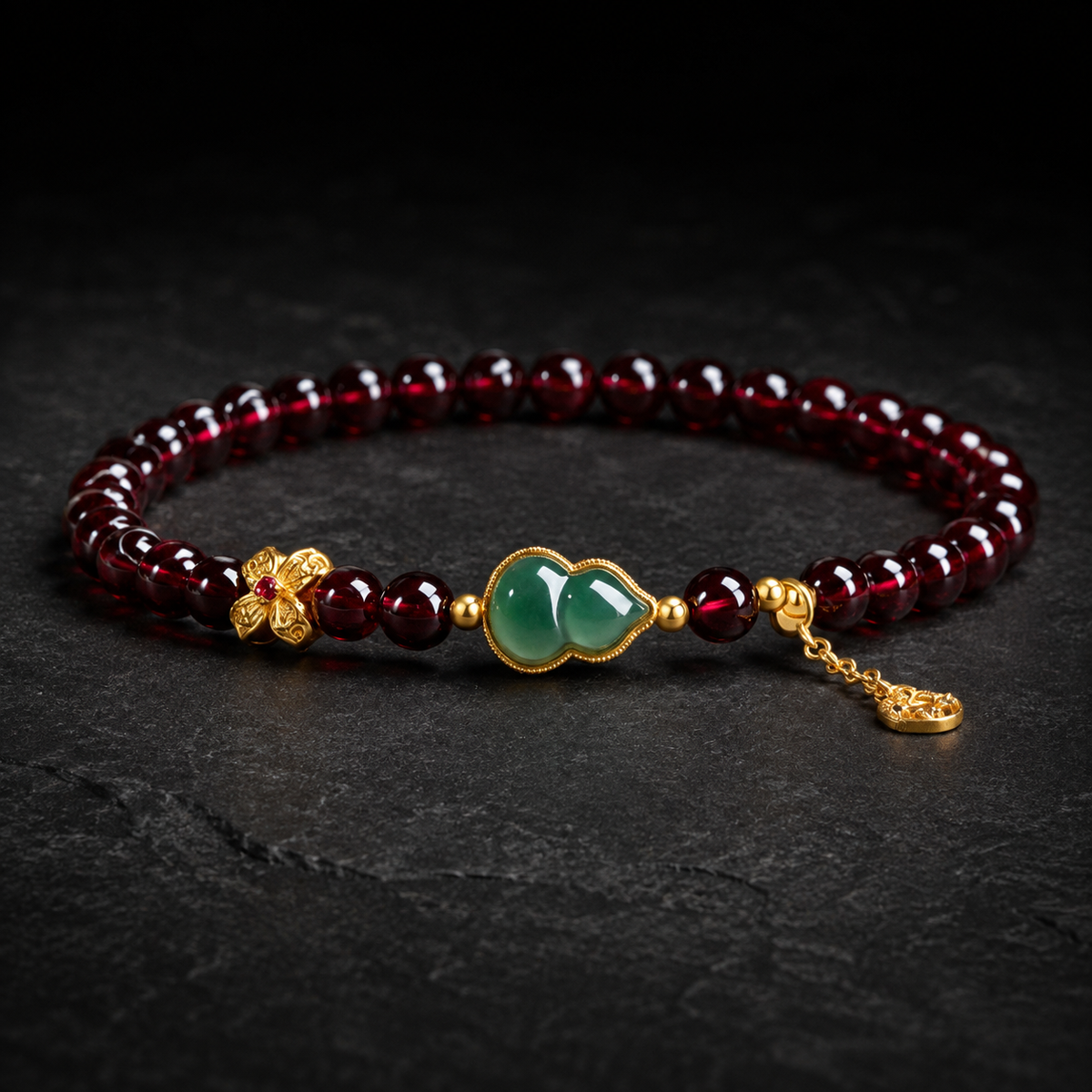 Harmony in Motion-Green Jadeite Gourd Garnet Bracelet