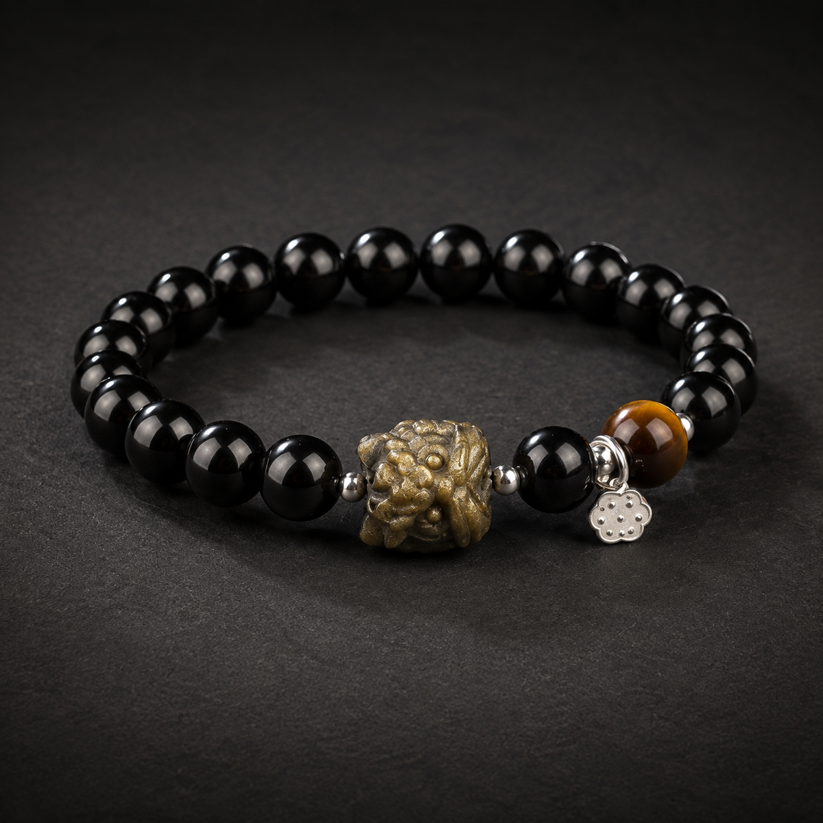 Gold Sheen Obsidian Lion Dance Head Tiger's Eye Bracelet-Grounded Courage