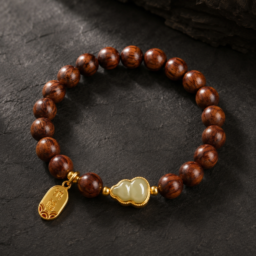 Grounded in Fortune-Jadeite Gourd Wooden Bead Bracelet