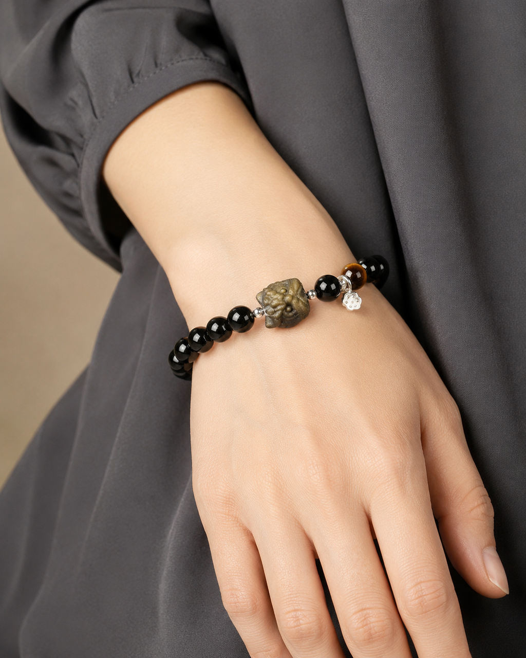 Gold Sheen Obsidian Lion Dance Head Tiger's Eye Bracelet-Grounded Courage