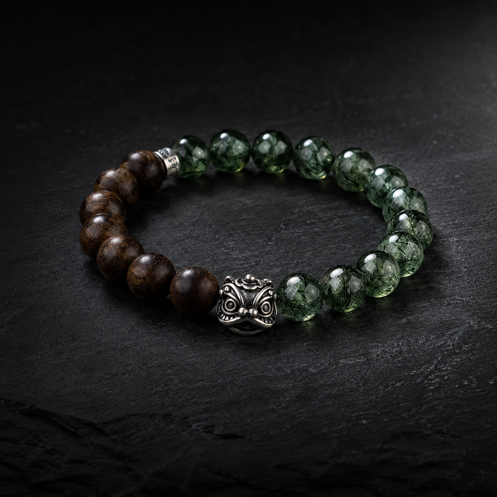 Silver Lion Bracelet Sandalwood Green Rutilated Quartz Bracelet-Awakened Courage