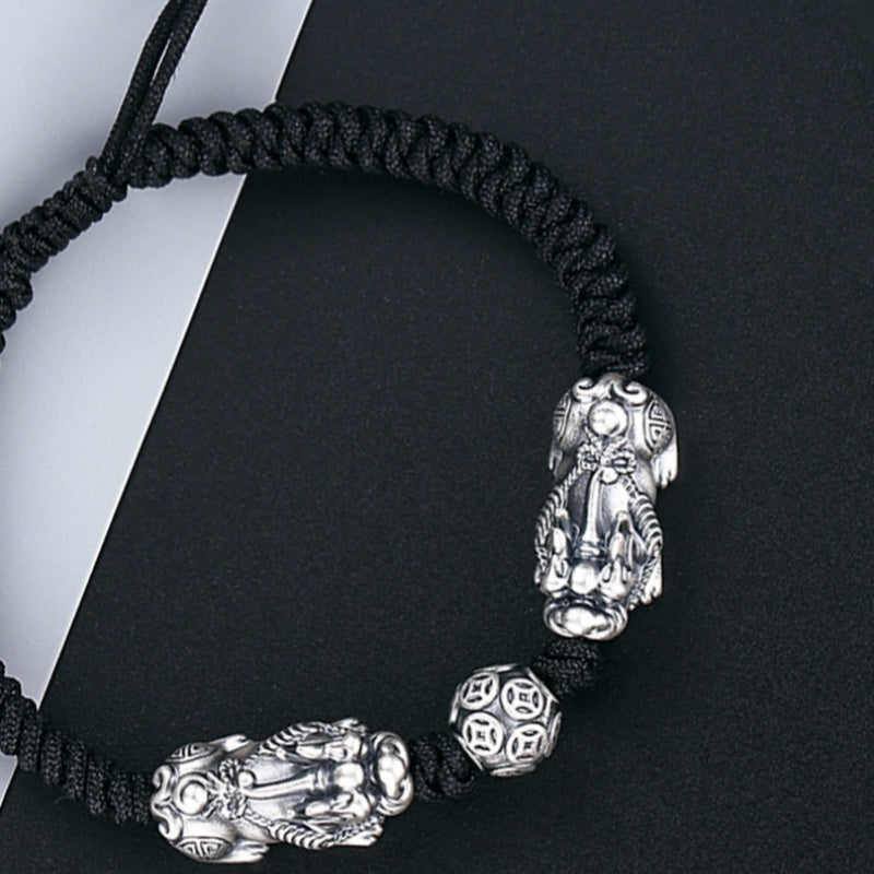 Double Pixiu Bracelet-Mantra Beads Black String