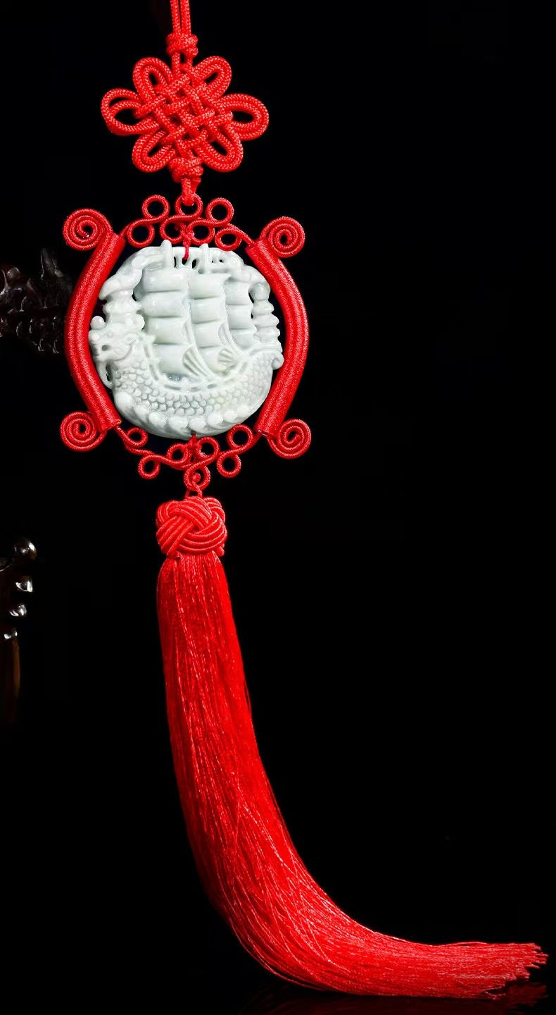 Jade Dragon Boat Car Hanging Ornament â€?Safe Journey & Success Charm with Red Tassel