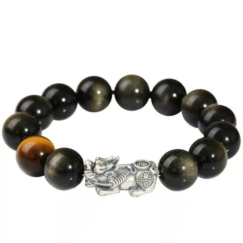 999 Silver Pixiu Gold Obsidian Bracelet-Traditional Good Fortune Symbol