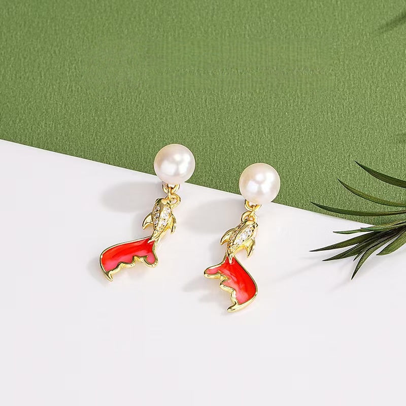 Pearl Koi Fish Drop Earrings ¨C Elegant Gold-Plated Studs with Enamel & Crystals