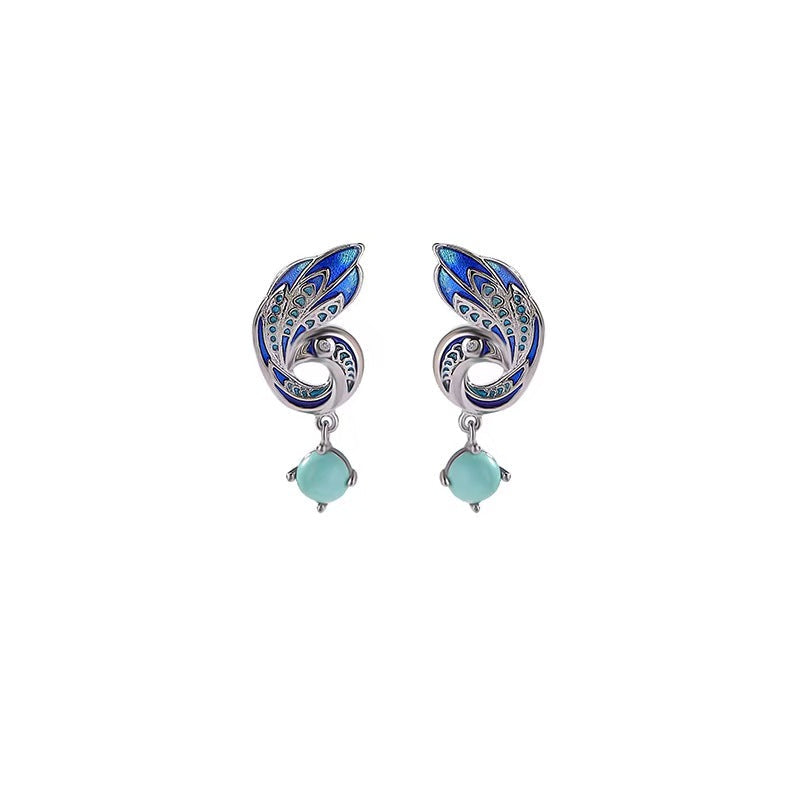 Enamel Phoenix Turquoise Silver Earrings-Protection and Luck