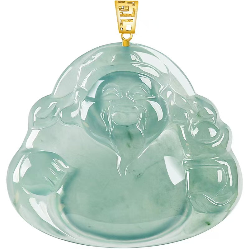 Blue Jadeite God of Wealth Pendant ¨C Natural Ice-Type Jade Necklace with 18K Gold Setting