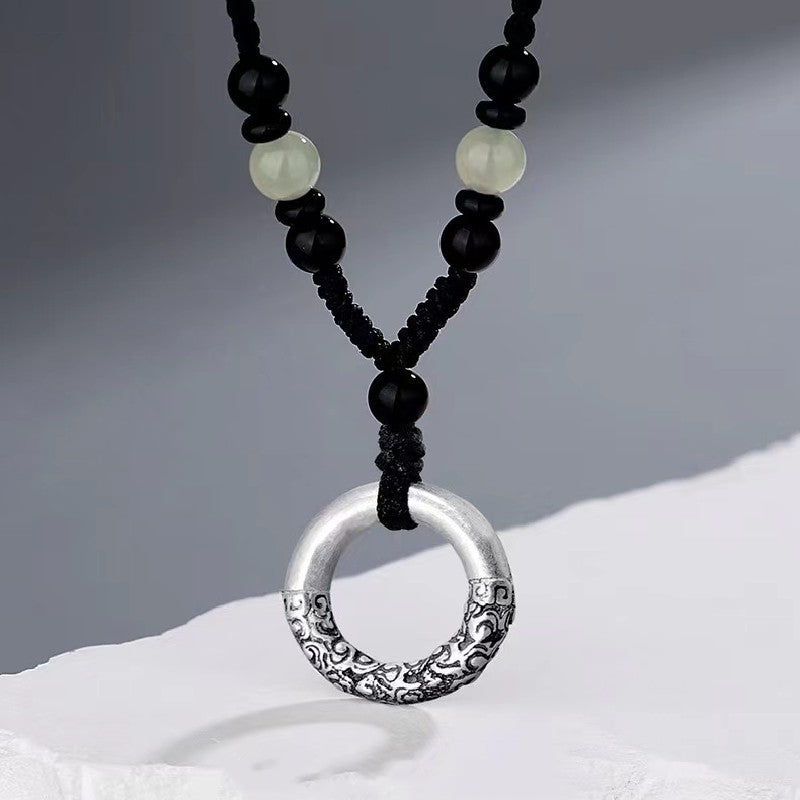 Lucky Clouds Black Agate Bead 999 Silver Pendant-Prosperity Luck