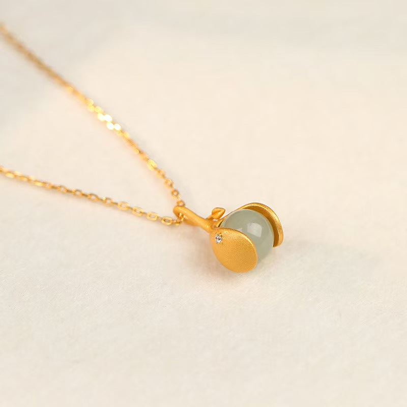 Gentle Essence Hetian Jade Pendant Necklace– S925 Sterling Silver with Ancient Gold Finish