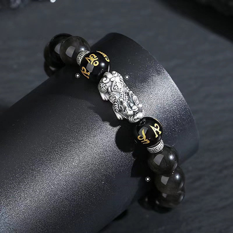999 Silver Pixiu Black Obsidian Bracelet-Traditional Good Fortune Symbol