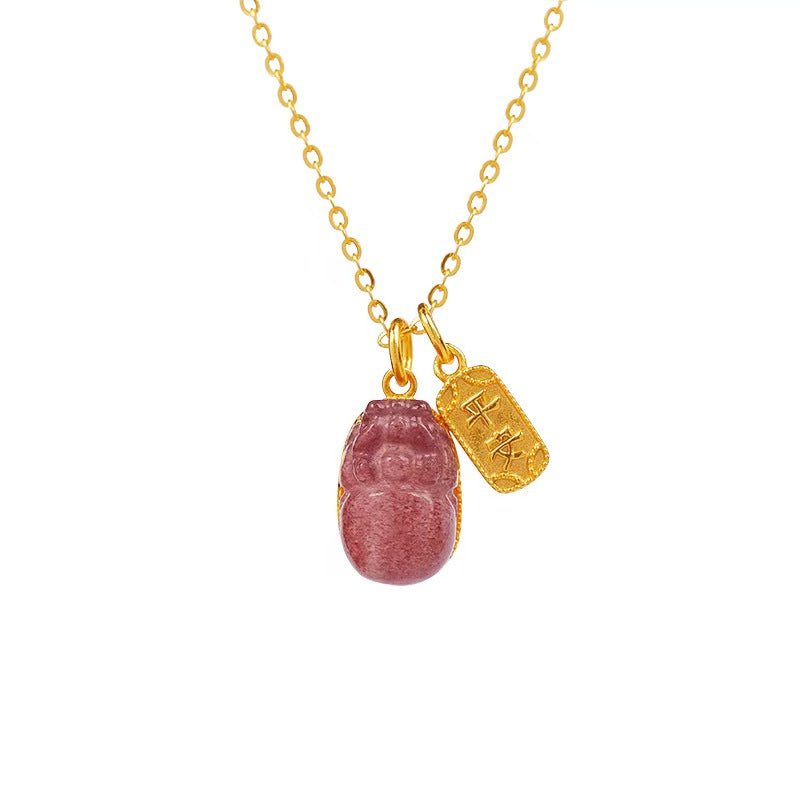 Strawberry Quartz Pixiu & Peace Amulet Pendant Necklace-Good Fortune & Peace Symbol