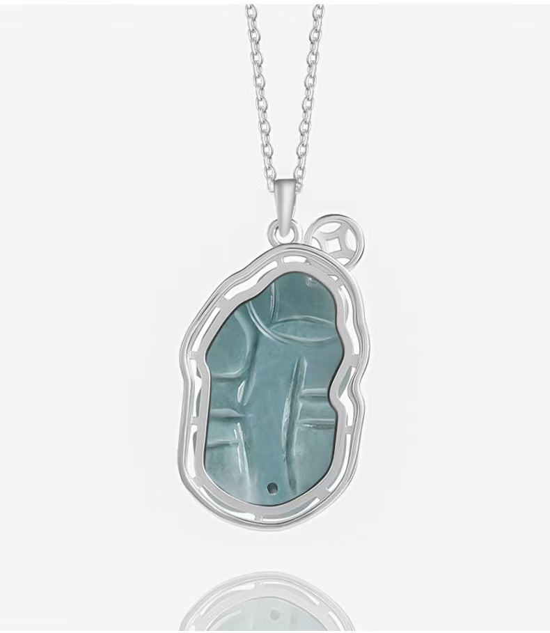 Serene Pixiu Ice Jade Pendant-925 Sterling Silver Necklace for Protection. Wealth & Steady Growth
