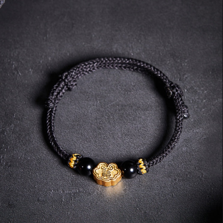 999 Sterling Silver & Obsidian Fortune Bracelet ¨C Handmade Lucky Ruyi Knot Design