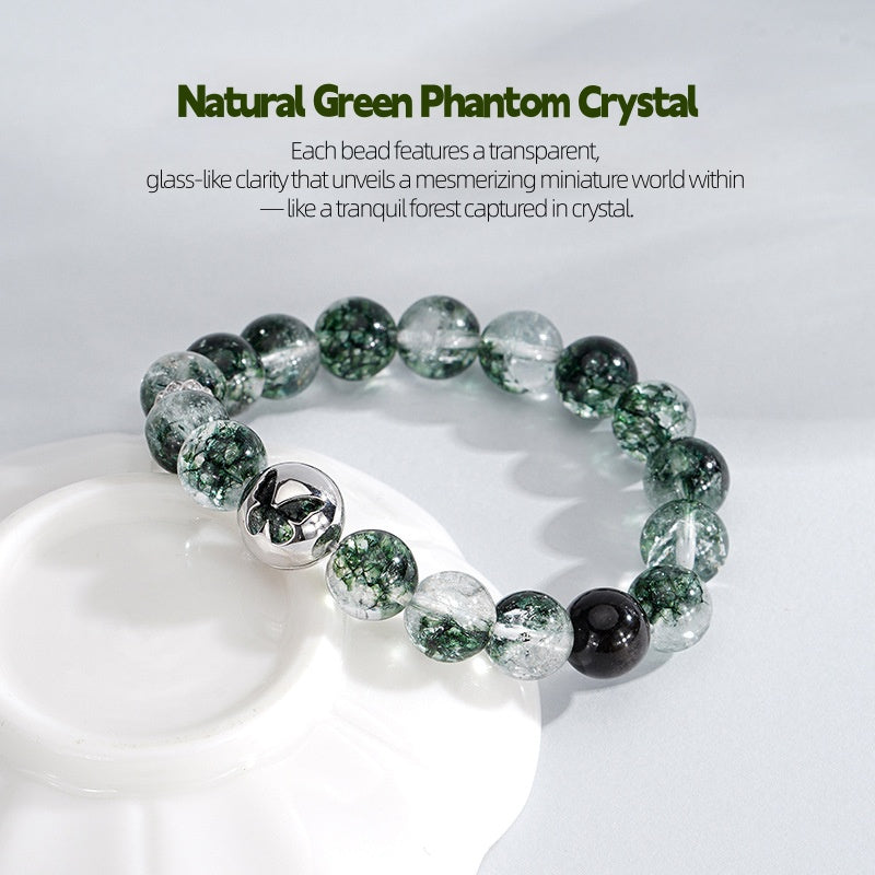 Green Phantom Quartz Bracelet with 925 Silver Butterfly ¨C Crystal of Clarity. Growth & Good Fortune