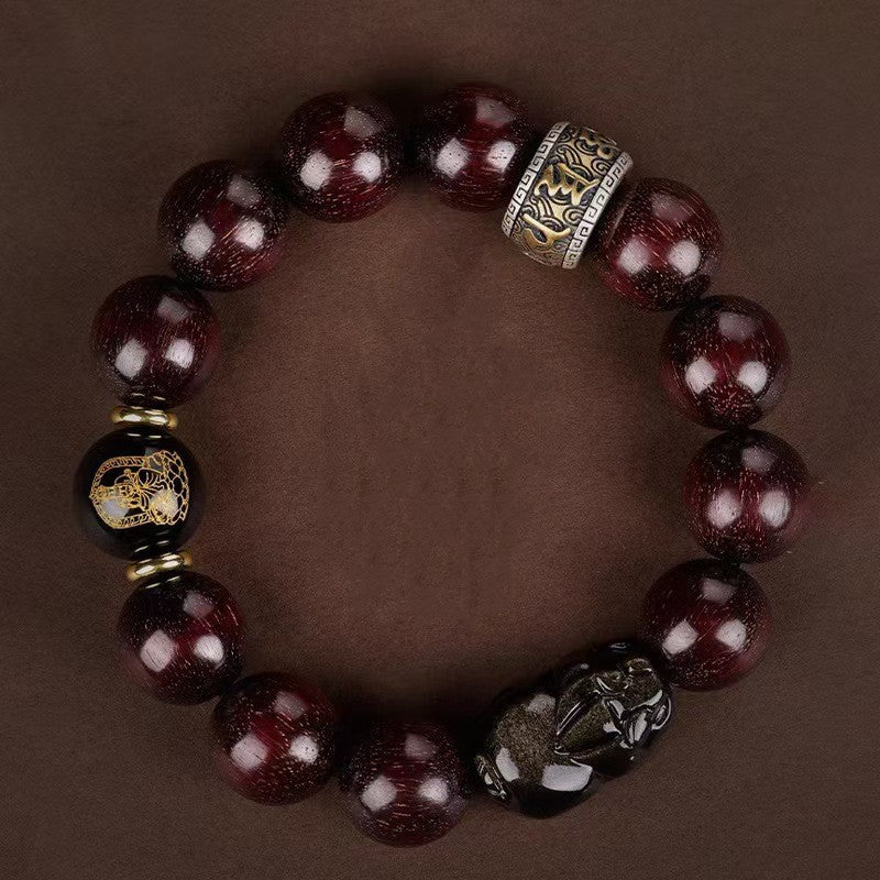 Red Sandalwood & Gold Obsidian Pixiu Bracelet-Prosperity Symbol