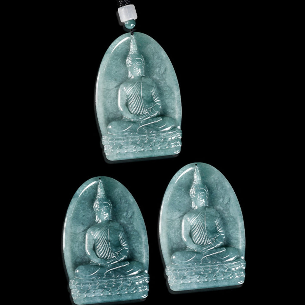Natural Icy Jadeite Shakyamuni Buddha Pendant Thai Style Zen Necklace