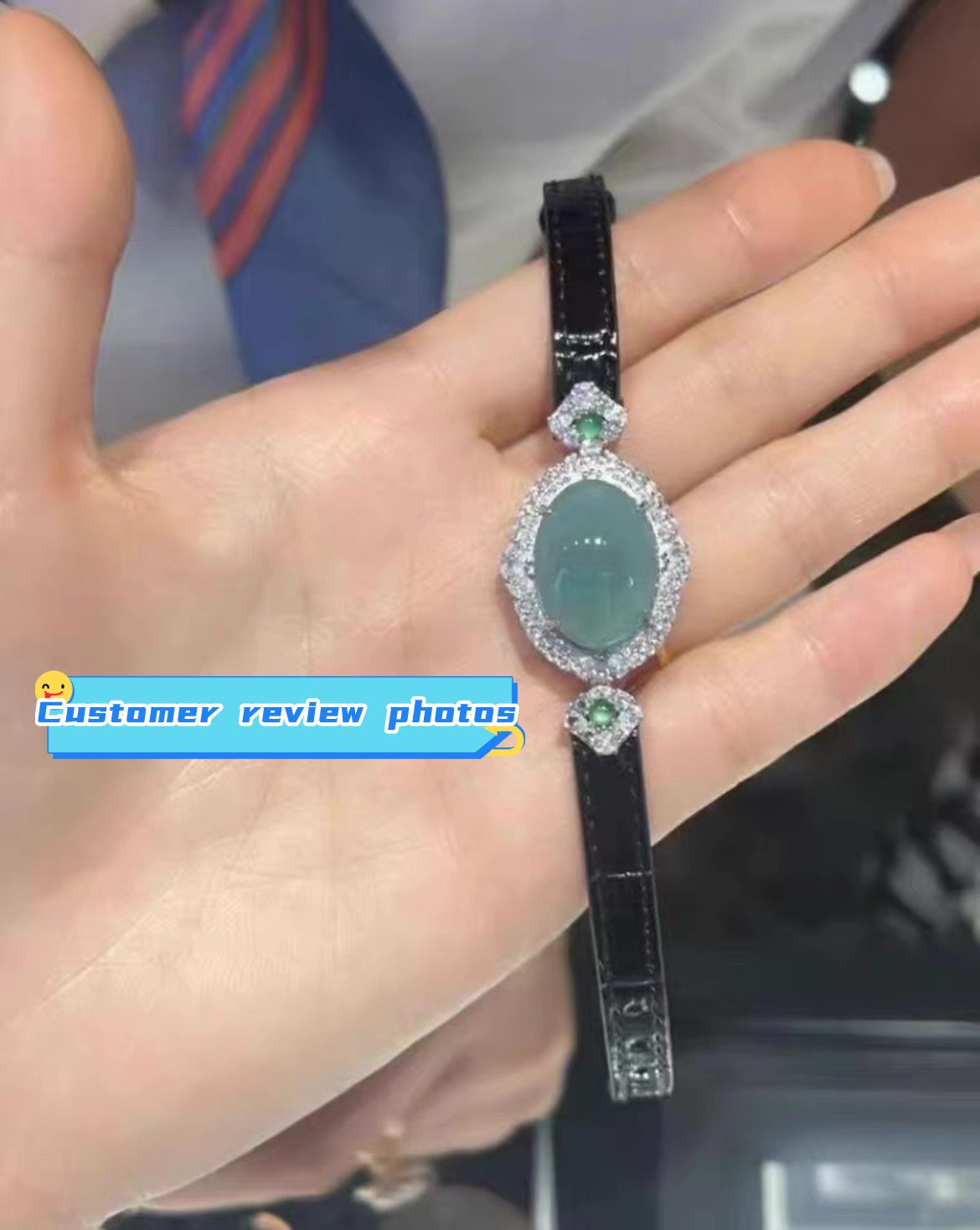 Luxury Blue Ice Jade Bracelet with Leather Strap -Attract Luck
