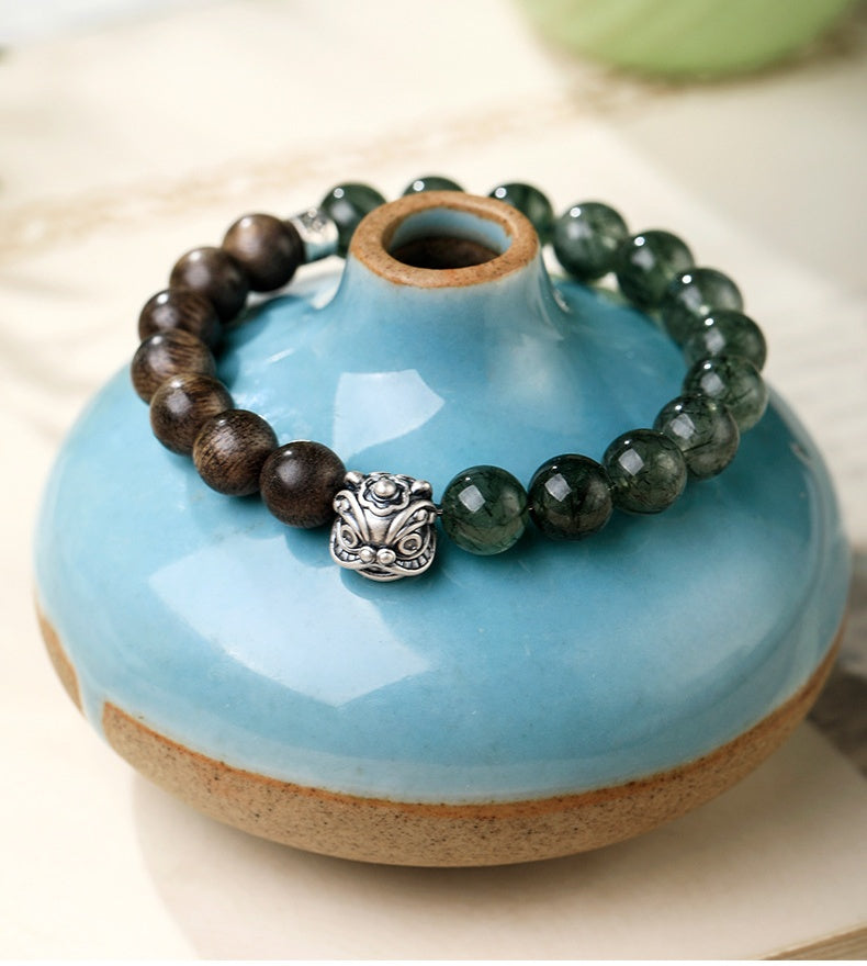 Silver Lion Bracelet Sandalwood Green Rutilated Quartz Bracelet-Awakened Courage