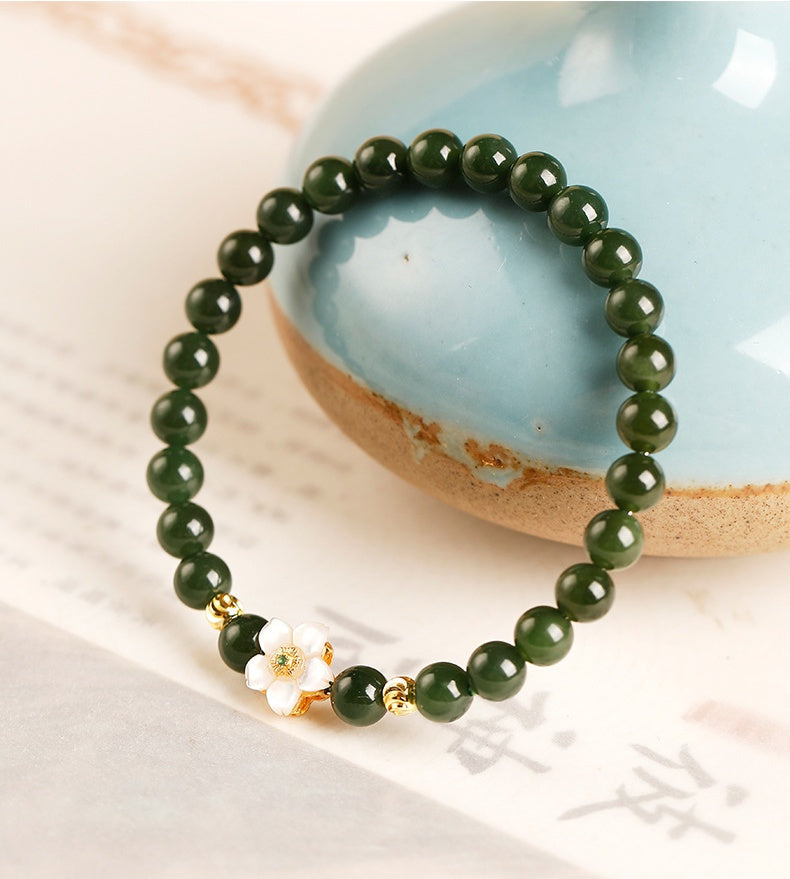 Nephrite Jade Bracelet with Mother-of-Pearl Flower-Grounded Elegance
