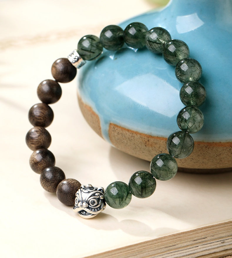 Silver Lion Bracelet Sandalwood Green Rutilated Quartz Bracelet-Awakened Courage