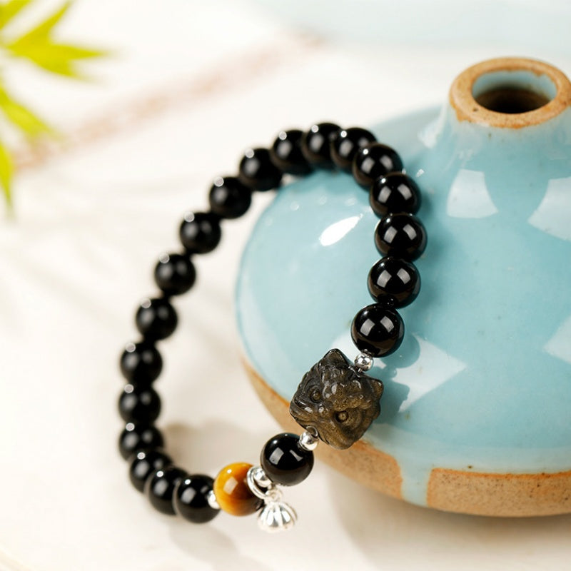Gold Sheen Obsidian Lion Dance Head Tiger's Eye Bracelet-Grounded Courage