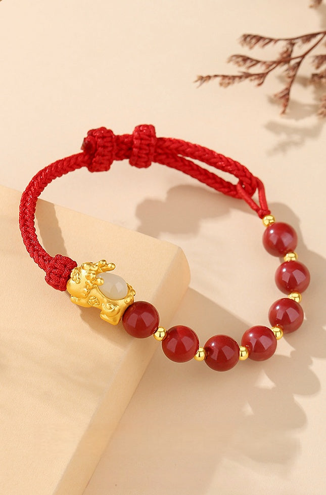Pixiu Baby Bracelet with Cinnabar & Hetian Jade¨CFortune Peace & Protection