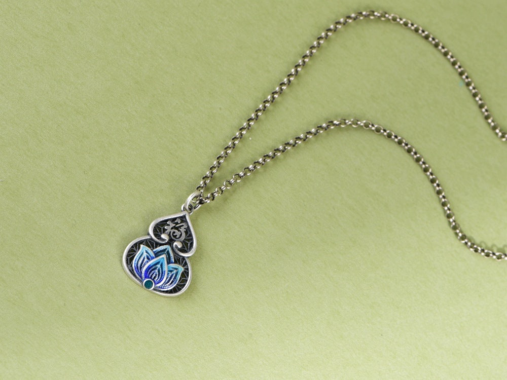 Feng Shui Calabash Cloisonne Silver Necklace-Protection. Longevity & Prosperity