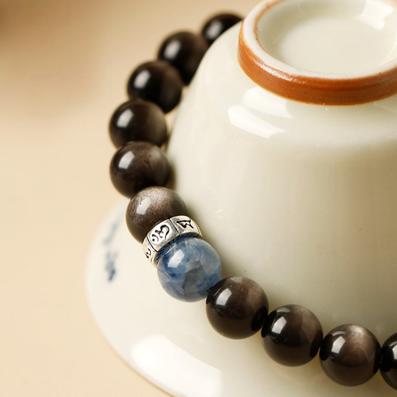 Centered Focus-Silver Obsidian Six True Words Mantra Bracelet