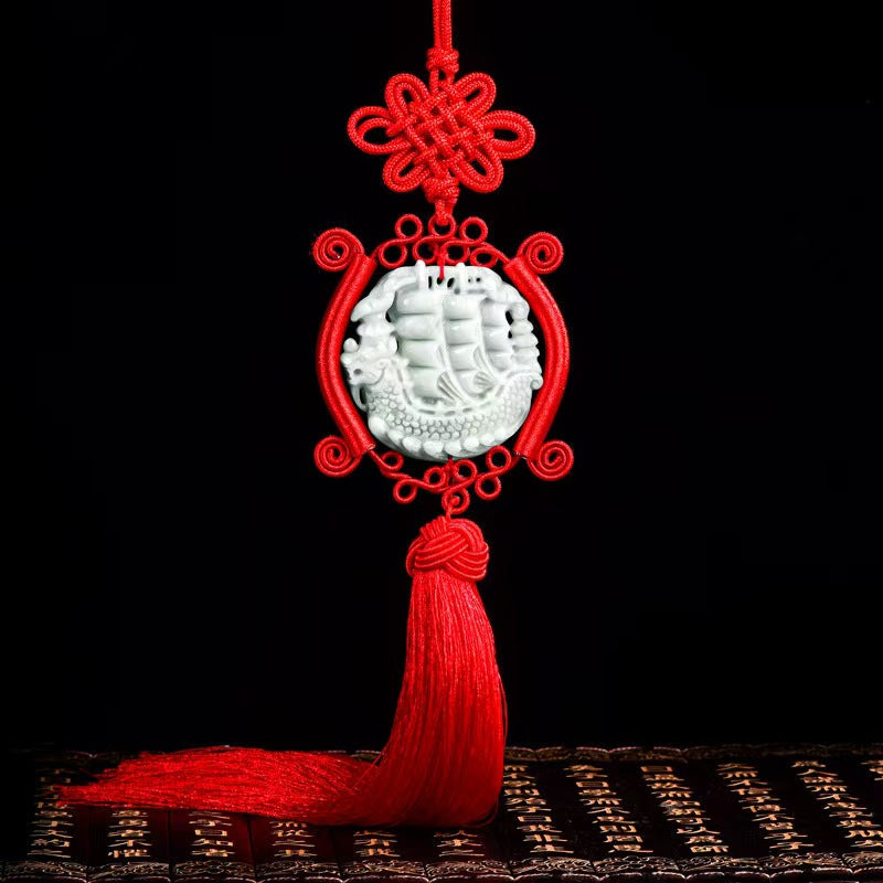 Jade Dragon Boat Car Hanging Ornament â€?Safe Journey & Success Charm with Red Tassel