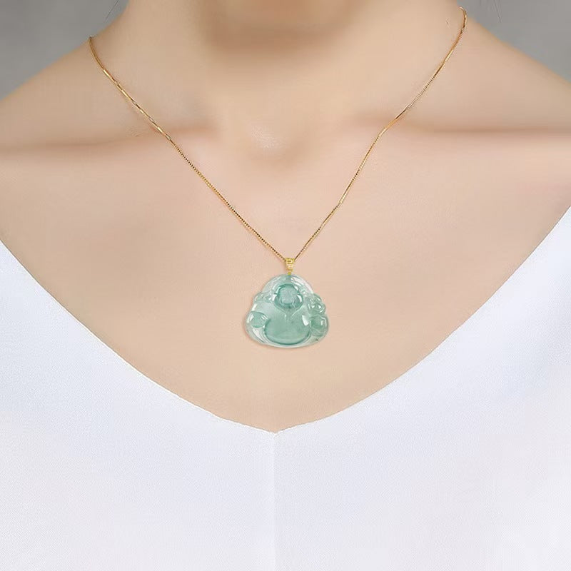 Blue Jadeite God of Wealth Pendant ¨C Natural Ice-Type Jade Necklace with 18K Gold Setting