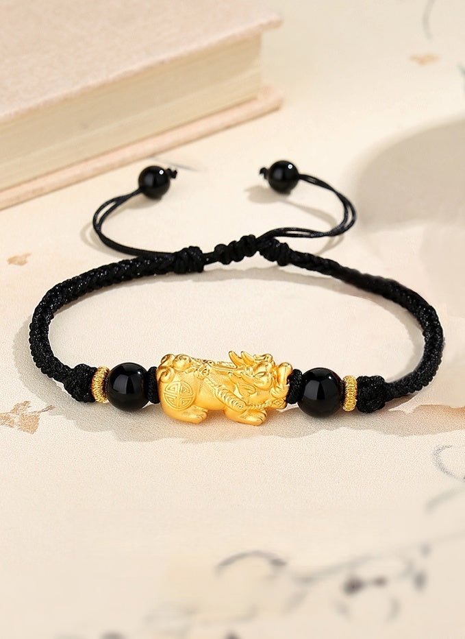 Golden Pixiu Couple String Bracelets ¨C Lucky & Protection Red and Black String Set