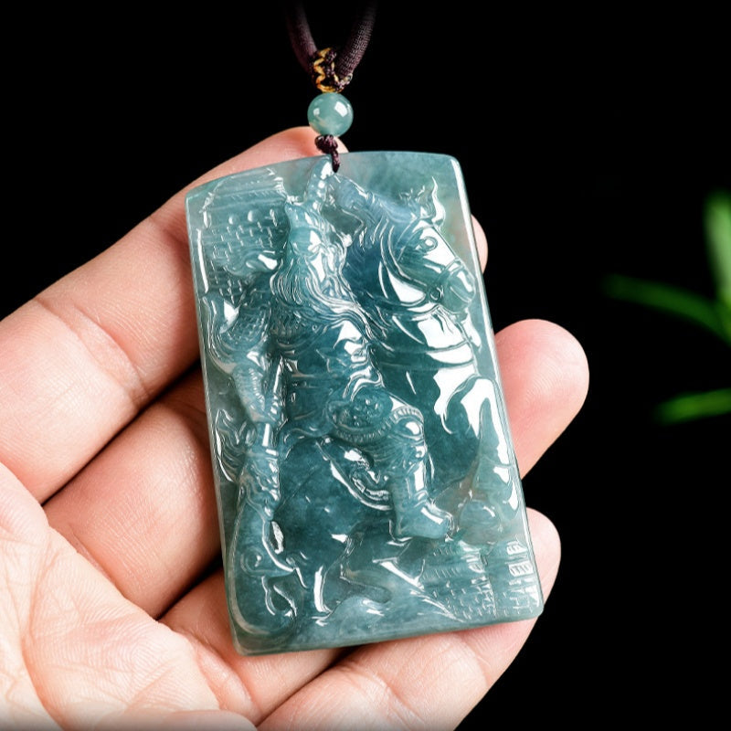 Loyalty and Courage-Guan Yu & Divine Dragon Blue Water Jadeite Pendant
