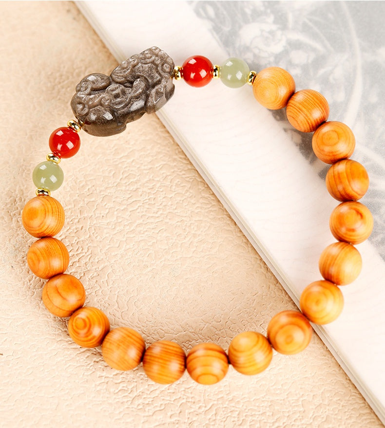 Thujawood Bracelet with Silver Obsidian PiXiu-Calm Strength & Wealth Protection