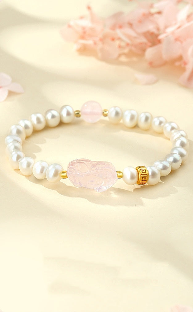 Rose Quartz Pixiu Bracelet with Pearls â€?925 Silver Fortune & Peace Charm