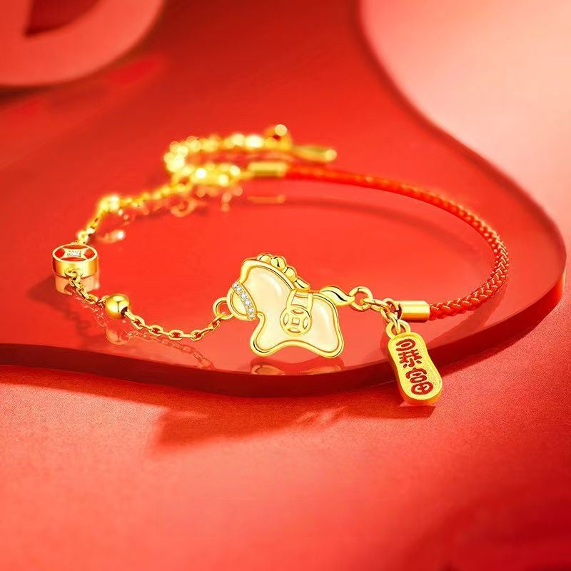 2026 Zodiac Horse Jade & Gold Bracelet-Red Cord Prosperity Symbol