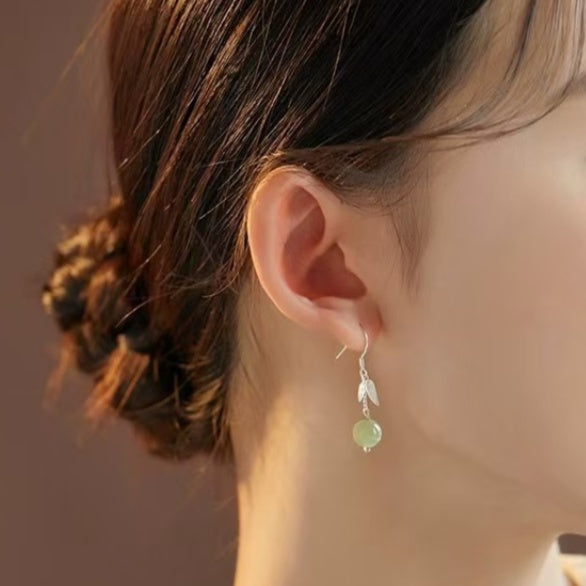 Bamboo Leaf Green Jade Drop Earrings ¨C Gentle Harmony in 925 Sterling Silver