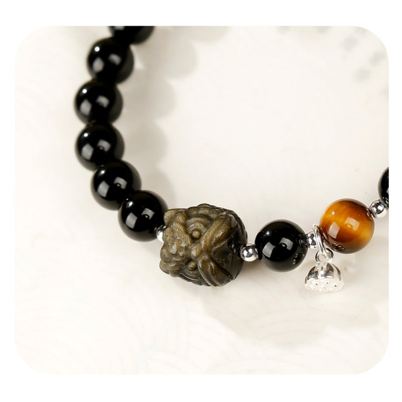 Gold Sheen Obsidian Lion Dance Head Tiger's Eye Bracelet-Grounded Courage