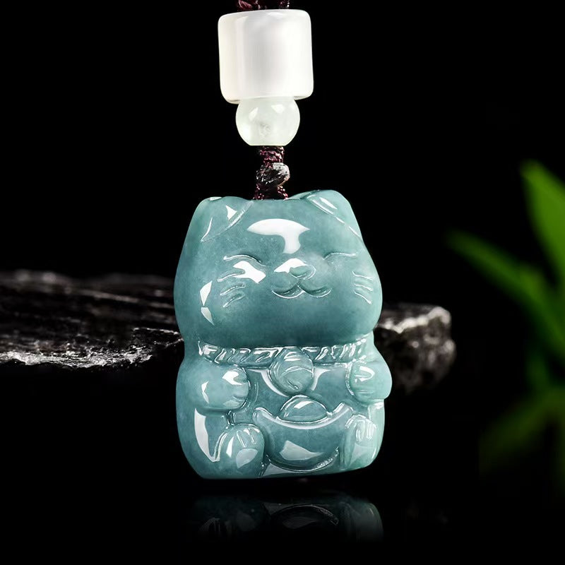 Blue Jade Wealth Cat Pendant – Prosperity. Fortune & Joy